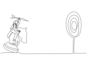 Continuous one line drawing active businesswoman holding a dart arrow while riding chess knight piece, strategic concept. Success business manager. Single line draw design vector graphic illustration