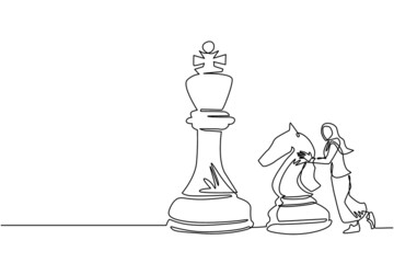 Obraz na płótnie Canvas Single continuous line drawing Arab businesswoman push huge knight chess piece. Business strategy, marketing plan. Strategic move in business concept. One line draw graphic design vector illustration