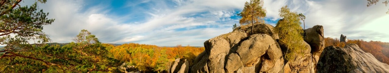 Panorama of autumn forest and rocks. Green and yellow leaves on trees.