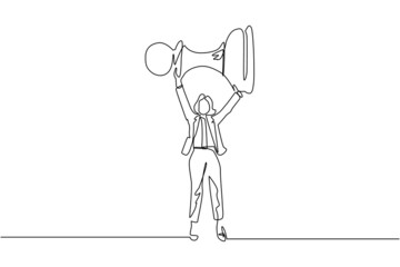 Single continuous line drawing cute businesswoman holding, lifting pawn chess piece. Successful entrepreneurship tactics or strategy, superiority in business. One line draw design vector illustration