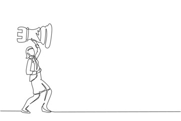 Single continuous line drawing businesswoman holding and lifting rook chess piece. Successful entrepreneurship tactics or strategy, superiority in business. One line draw design vector illustration