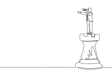 Continuous one line drawing businessman on top of big rook chess piece using telescope looking for success, opportunities, future business trends. Single line draw design vector graphic illustration