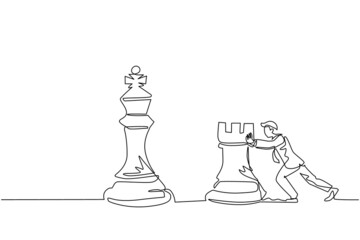 Single continuous line drawing young businessman push huge rook chess piece. Business strategy and marketing plan. Strategic move in business concept. One line draw graphic design vector illustration