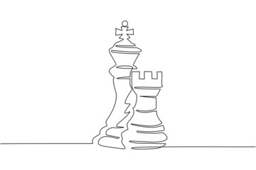 Single one line drawing rook and king chess logo. Set of emblems and signs for chess sport tournament. Successful challenge isolated. Modern continuous line draw design graphic vector illustration