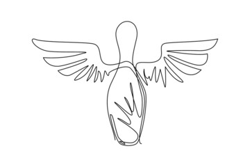 Continuous one line drawing bowling pin with wings sign icon. White bowling target on white background. Night bright advertisement. Sport and leisure activity. Single line draw design vector graphic