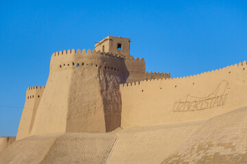 Walls surrounding Ichan Kala - historical center of city of Khiva (Uzbekistan). Inner city behind walls is fully included in UNESCO. Height of the walls reaches 10 meters, excluding base © Poliorketes