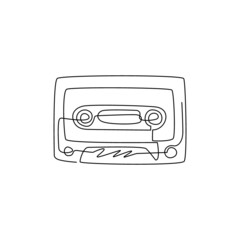 Single one line drawing retro cassette sticker icon. Cassette tape music logo symbol template. Cassette flat style banner poster emblem. Modern continuous line draw design graphic vector illustration