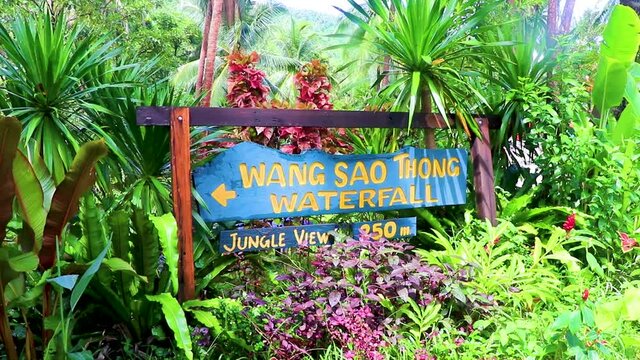 Direction sign to Wang Sao Thong Waterfall Koh Samui Thailand.