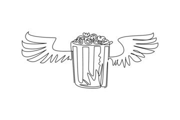 Single continuous line drawing full popcorn bucket with wings logo. Flyer, invitation, ticket, banner, poster, web page, label, design element or icon. One line draw graphic design vector illustration