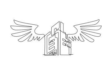Continuous one line drawing wing city logo concept abstract for company and business. City building logo design inspiration, wing apartment logo. Single line draw design vector graphic illustration