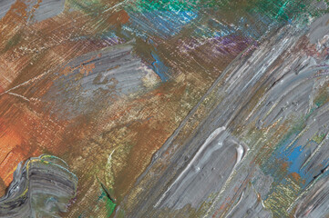 abstract rainbow multicolored background formed by erasing paints from the canvas, short focus. Not an art object, temporary effect.