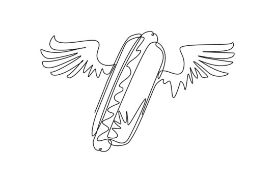 Single continuous line drawing hot dog with wings logo. Meal, delivery, cafe, fun illustration icon. Love hot dog for fast food cafe concept. Dynamic one line draw graphic design vector illustration
