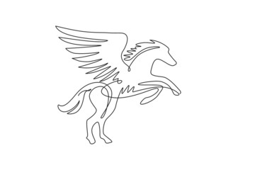 Single continuous line drawing pegasus winged stallion mythical animal icon. Vector silhouette of heraldry horse with mane. Horse logo with wing standing pegasus unicorn. One line draw graphic design