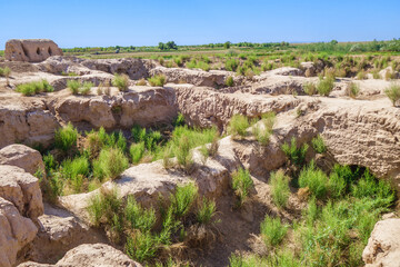 Panorama of complex Koi-Krylgan-Kala (400 BC), Karakalpakstan, Uzbekistan. Ruins of Zoroastrian temple and royal tomb. Diameter of 2-level complex: 44 m. No analogue of this kind of structure