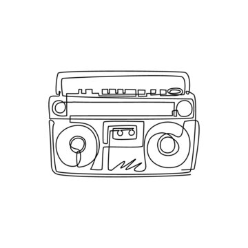 recommend clip art: Single one line drawing radio tape or boombox black and white music emblem. Tape recorder monochrome graffiti. Retro radio icon symbol. Modern continuous line draw design graphic vector illustration