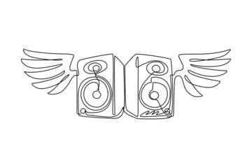 Continuous one line drawing music system speakers with wings icon logo. Musical equipment grunge image of speaker with wings flat design elements. Single line draw design vector graphic illustration