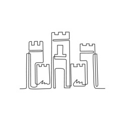 Continuous one line drawing knight's castle. Stone medieval fortress with tower, wall and gate. Protection from enemies. Reliability and defense of the city. Single line draw design vector graphic