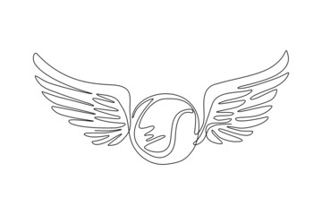Continuous one line drawing winged icon featuring tennis ball. Flying tennis ball with wings in the sky. Moving tennis balls flying, falling isolated. Single line draw design vector illustration