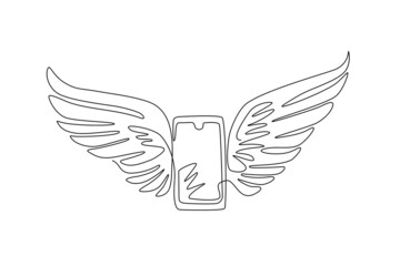 Single continuous line drawing new smart mobile phone flying with wings. Realistic detailed smartphone with touch screen flying with wings isolated. One line draw graphic design vector illustration