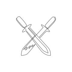 Single one line drawing two crossed swords icon, metal sword, European straight swords, realistic sword isolated. European straight swords. Daggers, knifes. Continuous line draw design graphic vector