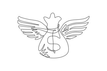 Single one line drawing money bag flying with wings. Dollar money bag icon. Bag with money with wings, dollar sign, flies and glitters. Modern continuous line draw design graphic vector illustration