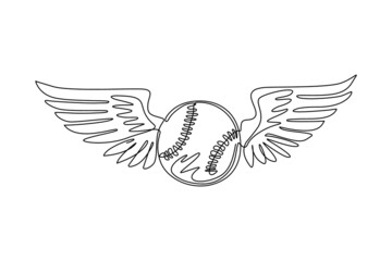 Single one line drawing baseball ball flying with angel wings. Realistic baseball emblem with raised up white wings, ball for sports design. Continuous line draw design graphic vector illustration