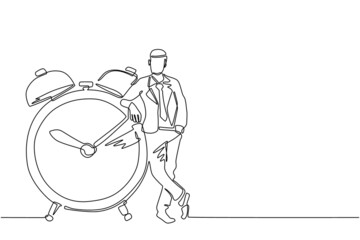 Single one line drawing businessman, manager or employee stand leaning to big clock. Concept of time management. Time, watch, limited offer, deadline symbol. Continuous line draw design graphic vector