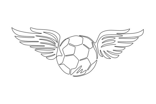 Single continuous line drawing football ball with wings emblem (soccer design). Winged football logo or soccer club symbol. Seamless texture with conceptual winged soccer balls. One line draw vector