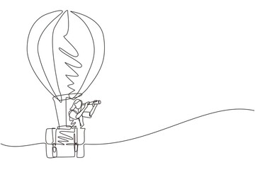 Single continuous line drawing businesswoman looking through telescope in hot air balloon briefcase. Female in suitcase balloon search to success. Business travel. One line draw graphic design vector