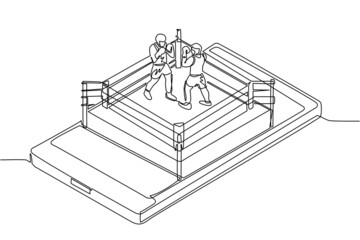 Single continuous line drawing boxing ring with two boxers on smartphone screen. Professional sports competition: boxing fight duel during match, mobile app. One line draw design vector illustration