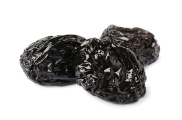 Sweet dried prunes on white background. Healthy snack