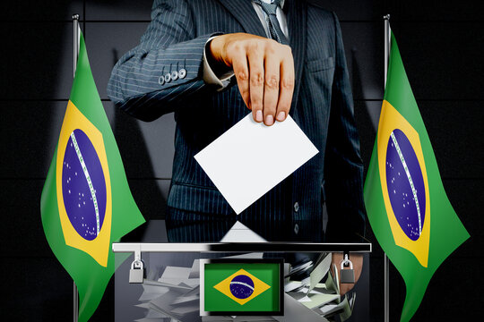 Brazil flags, hand dropping voting card - election concept - 3D illustration