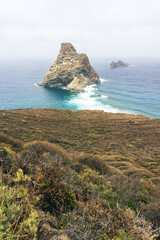 Natural landscape of the northern part of the island in Las Palmas De Anaga. In the background, the Atlantic Ocean and Roques de Anaga. Tenerife. Canary Islands. Spain.