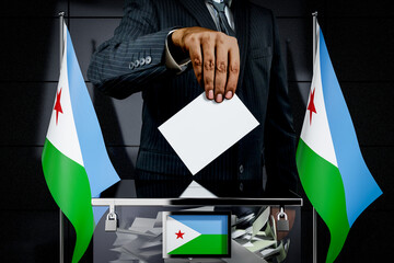 Djibouti flags, hand dropping voting card - election concept - 3D illustration