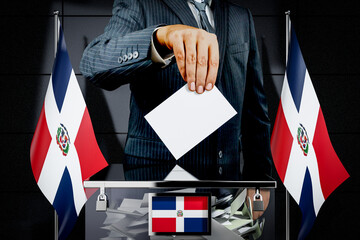 Dominican Republic flags, hand dropping voting card - election concept - 3D illustration