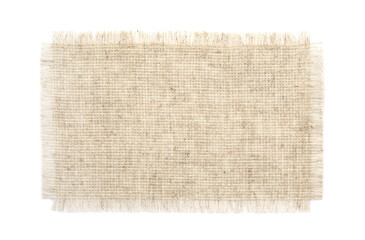 Piece of natural burlap fabric on white background, top view