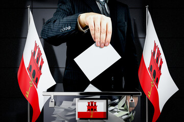 Gibraltar flags, hand dropping voting card - election concept - 3D illustration