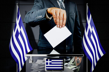 Greece flags, hand dropping voting card - election concept - 3D illustration