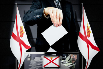 Jersey flags, hand dropping voting card - election concept - 3D illustration