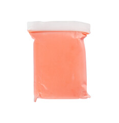 Package of colorful play dough on white background, top view