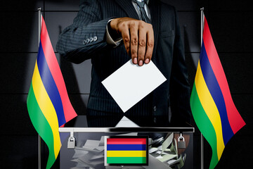 Mauritius flags, hand dropping voting card - election concept - 3D illustration