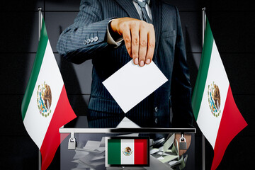 Mexico flags, hand dropping voting card - election concept - 3D illustration - obrazy, fototapety, plakaty