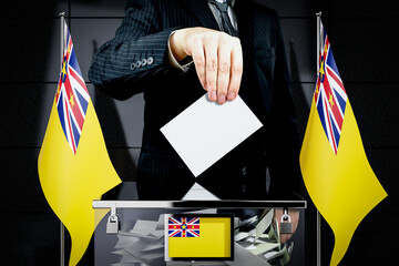 Niue flags, hand dropping voting card - election concept - 3D illustration