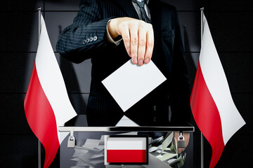 Poland flags, hand dropping voting card - election concept - 3D illustration