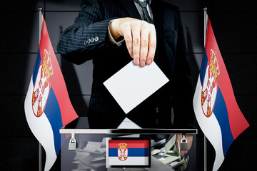 Serbia flags, hand dropping voting card - election concept - 3D illustration
