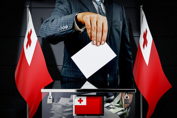 Tonga flags, hand dropping voting card - election concept - 3D illustration