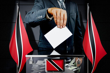 Trinidad and Tobago flags, hand dropping voting card - election concept - 3D illustration