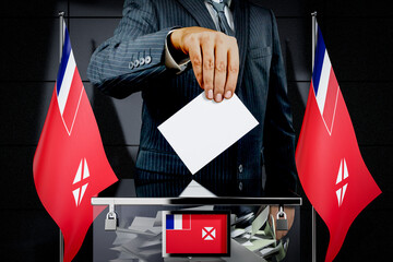 Wallis and Futuna flags, hand dropping voting card - election concept - 3D illustration