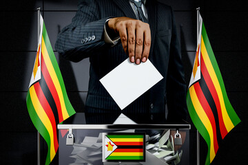 Zimbabwe flags, hand dropping voting card - election concept - 3D illustration - obrazy, fototapety, plakaty