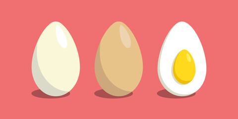 Fototapeta na wymiar Eggs. Flat vector illustration on red background. Fresh and healthy food icons.